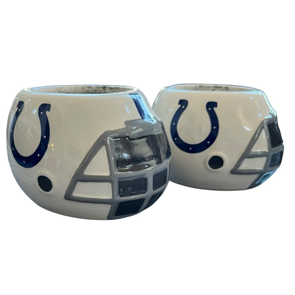Set Of 2 Indianapolis Colts NFL Ceramic Helmet Planter Candy Bowl White Football